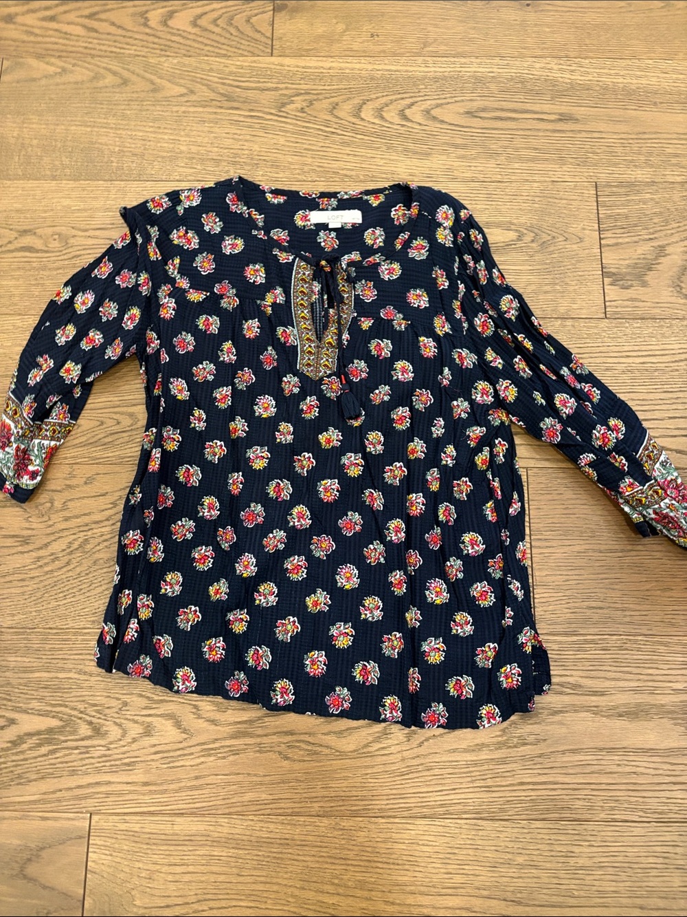 Loft Women's Navy Floral Peasant Blouse - Navy with Pink & Cream Flowers size LP